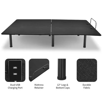 Black Queen Adjustable Bed Base Head and Foot Remote Control Steel Frame USB