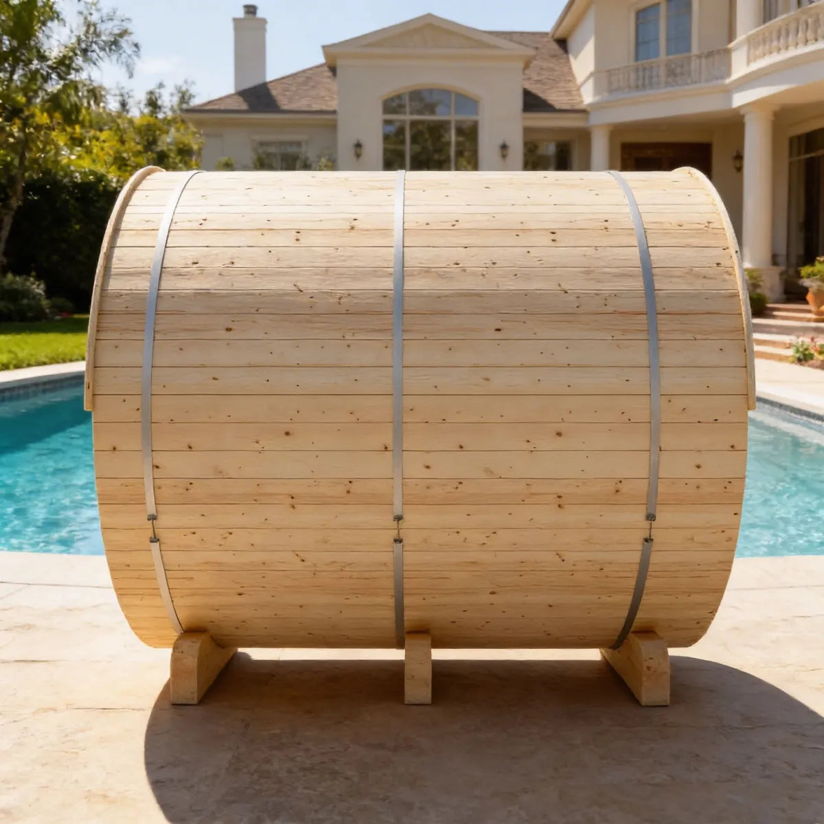 Finnish Sauna Builders Helsinki 4-Person Barrel Sauna with Terrace & 8kW WiFi Heater