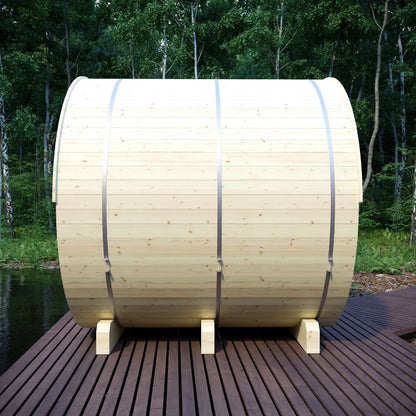 Finnish Sauna Builders Helsinki 4-Person Barrel Sauna with Terrace & 8kW WiFi Heater