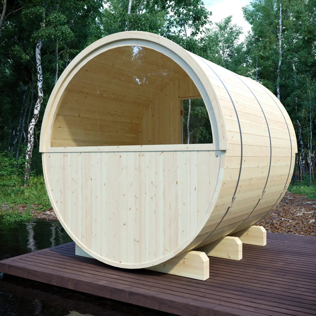 Finnish Sauna Builders Helsinki 4-Person Barrel Sauna with Terrace & 8kW WiFi Heater