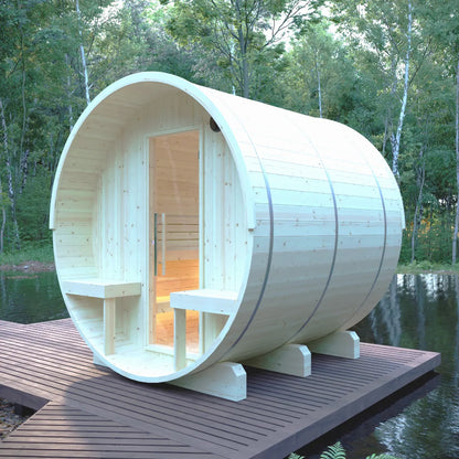Finnish Sauna Builders Helsinki 4-Person Barrel Sauna with Terrace & 8kW WiFi Heater