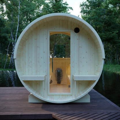 Finnish Sauna Builders Helsinki 4-Person Barrel Sauna with Terrace & 8kW WiFi Heater