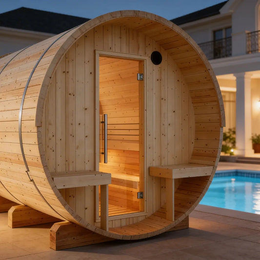 Finnish Sauna Builders Helsinki 4-Person Barrel Sauna with Terrace & 8kW WiFi Heater