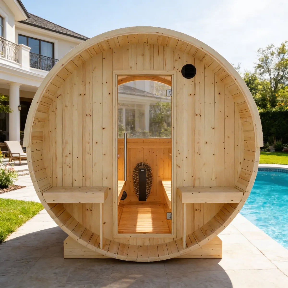 Finnish Sauna Builders Helsinki 4-Person Barrel Sauna with Terrace & 8kW WiFi Heater