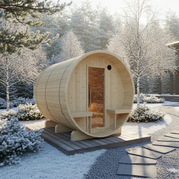 Finnish Sauna Builders Turku 6-Person Barrel Sauna with Terrace & 8kW WiFi Heater