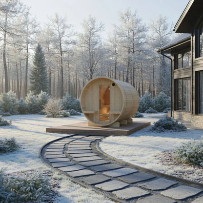 Finnish Sauna Builders Turku 6-Person Barrel Sauna with Terrace & 8kW WiFi Heater