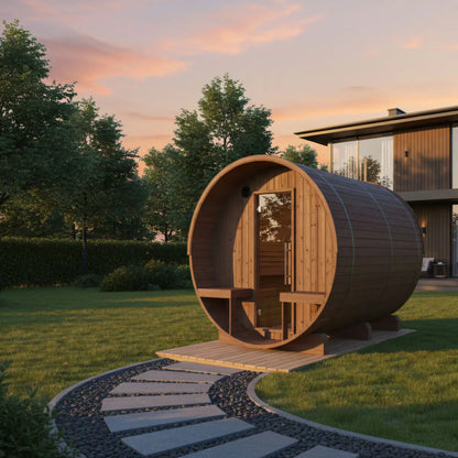 Finnish Sauna Builders Turku 6-Person Barrel Sauna with Terrace & 8kW WiFi Heater