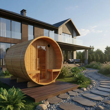 Finnish Sauna Builders Turku 6-Person Barrel Sauna with Terrace & 8kW WiFi Heater
