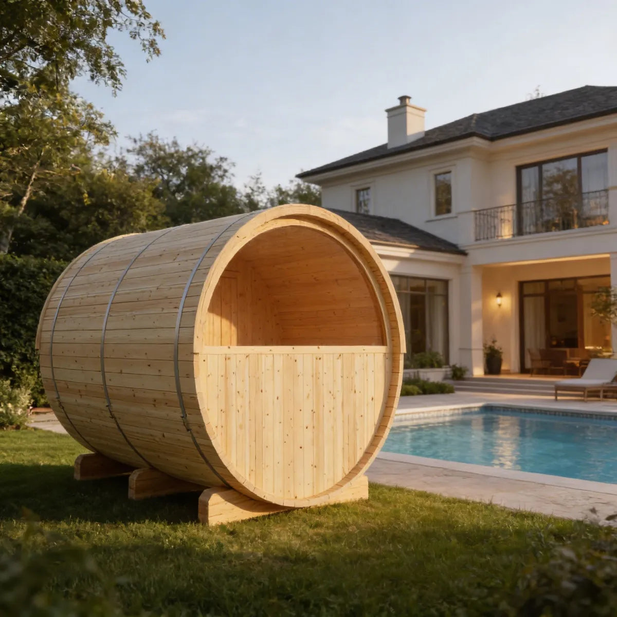 Finnish Sauna Builders Vassa 6-Person Barrel Sauna with 8kW WiFi Heater