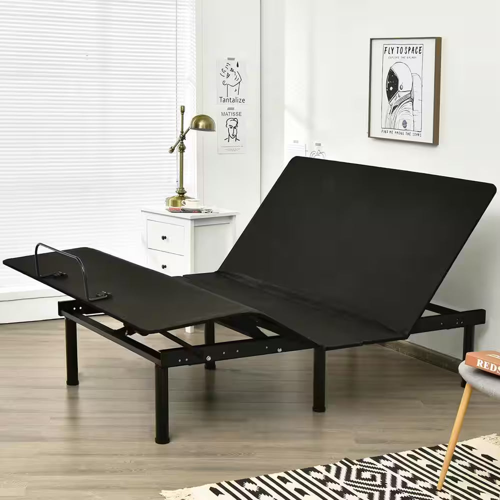 Black Queen Adjustable Bed Base Head and Foot Remote Control Steel Frame USB